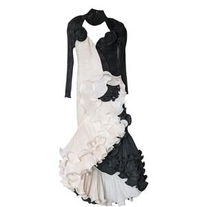 Couture Black &‎ White Sculptural Ruffle Mermaid Evening Gown Prom Dress Size 8